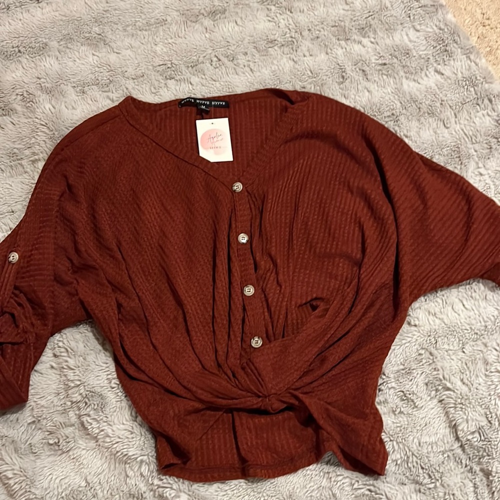 Tie front Rust top, waffle knit.
